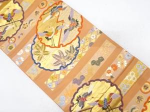 雪輪に鶴・草花模様織り出し　袋帯